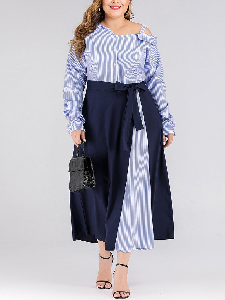 TaŠa Plus Size Off Shoulder Blue Shirt Long Sleeve Maxi Dress (Suitable For Chinese New Year) (EXTRA BIG SIZE)