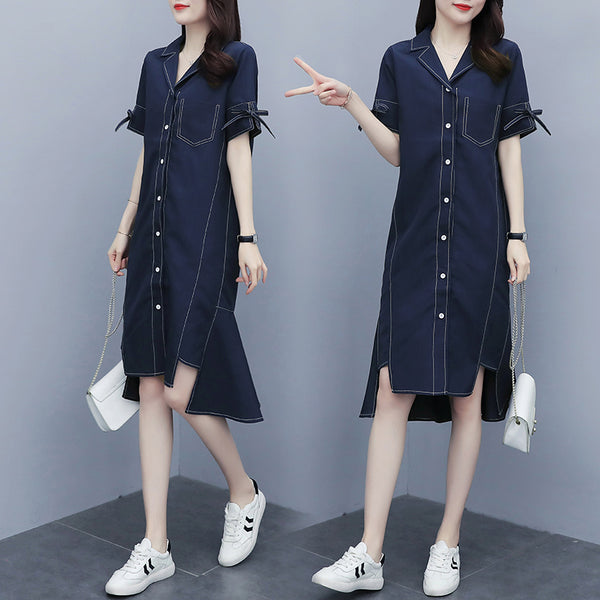 Kellii Plus Size Denim Midi Short Sleeve Shirt Dress