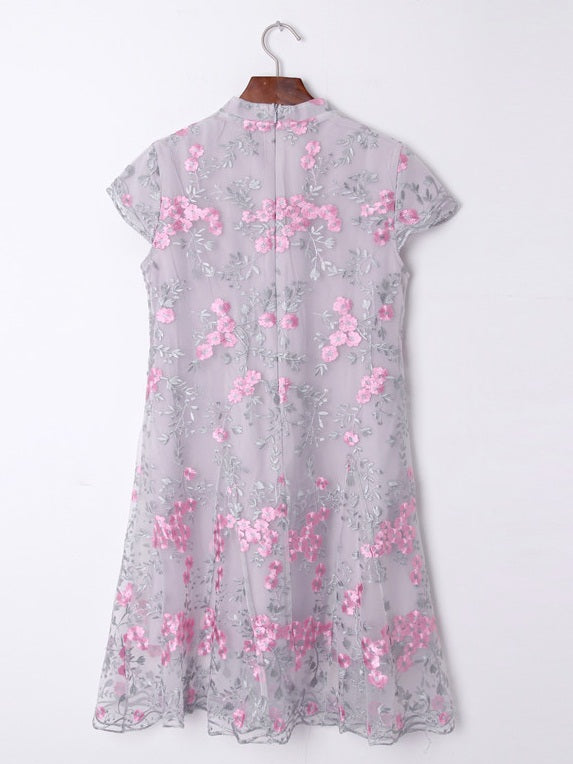 open lace back dress Thyone Plus Size Cheongsam Qipao Grey With Pink Flowers Embroidery Swi –  Pluspreorder