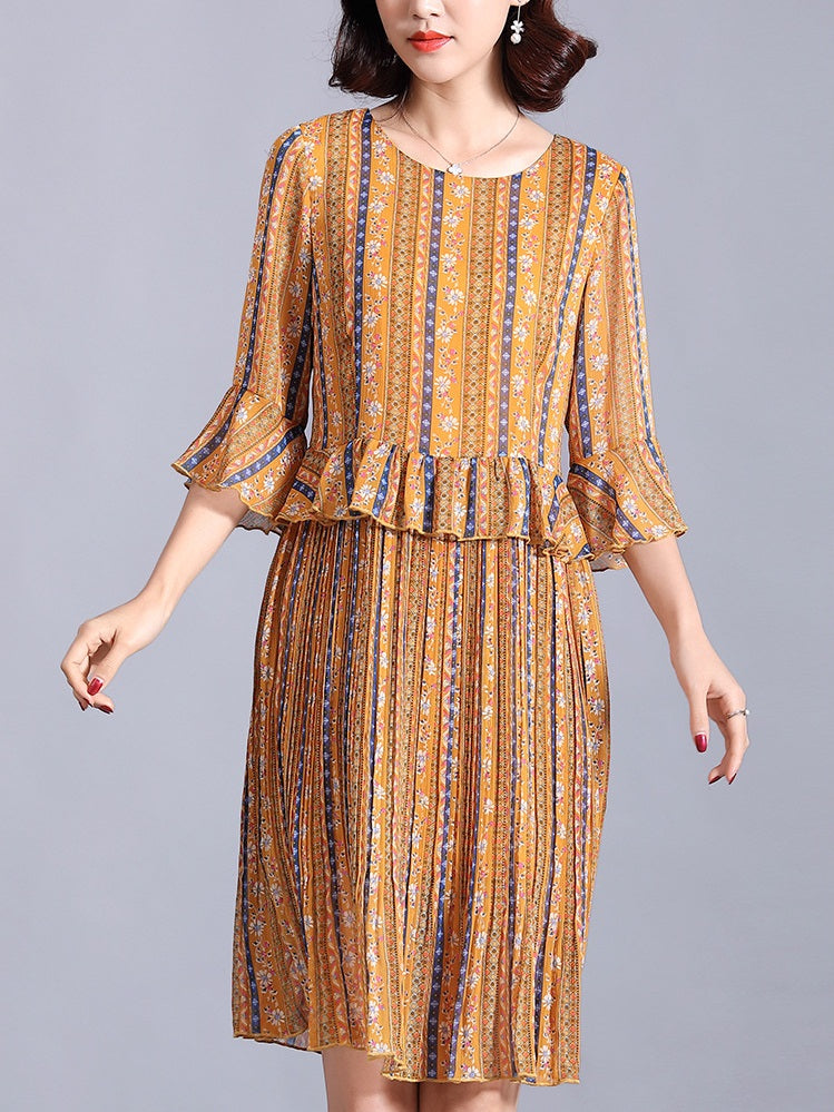 Rocheli Yellow Print Bell Sleeve Mid Sleeve Dress