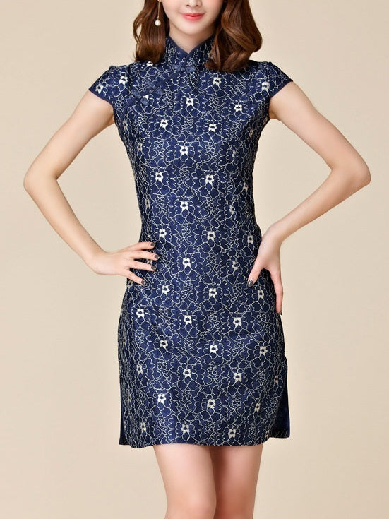 (M-3XL) Kalliniki Navy Lace Plus Size Cheongsam Qipao Short Dress