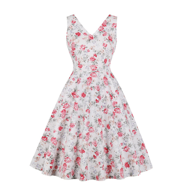 Plus Size White Floral V Neck Sleeveless Dress