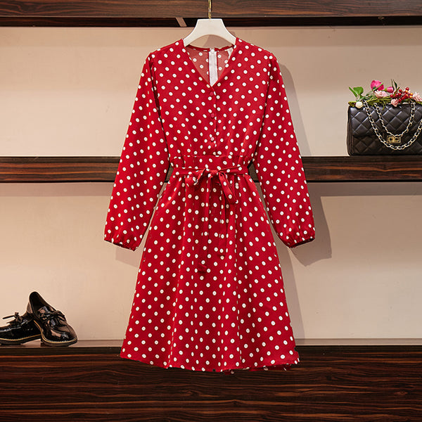 Plus Size Red Polka Dots Long Sleeve Dress