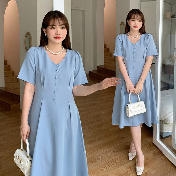Plus Size Korean Buttons A Line Dress