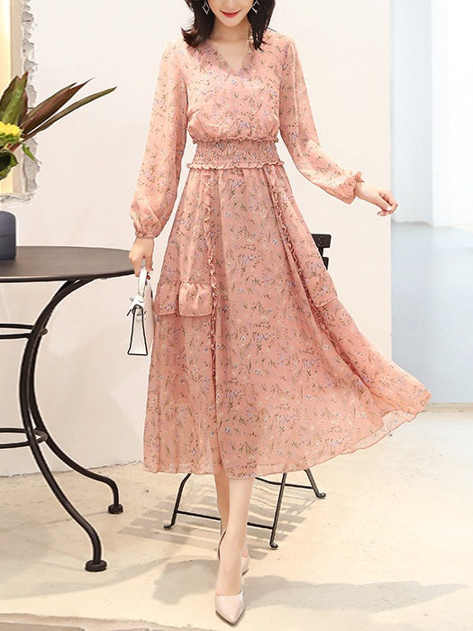 Susanna Plus Size Wedding Floral Print V Neck Scrunch Waist Long Sleeve Midi Dress (Pink, Cream)
