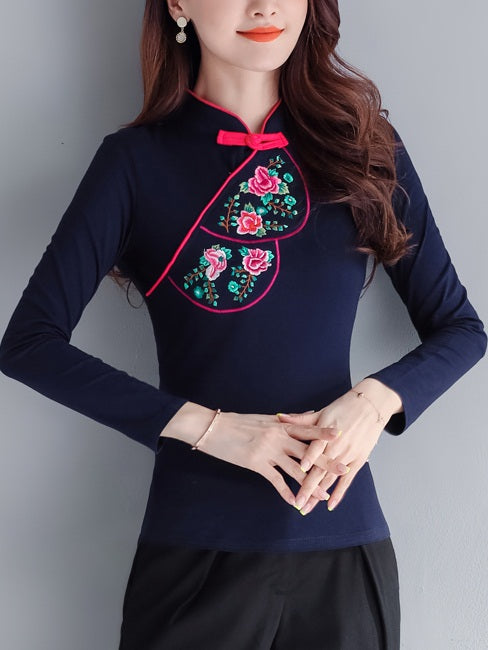 Tillie Plus Size Cheongsam Qipao Top - Floral Embroidery Pink Trim Chinese Long Sleeve Top (Red, Black, Blue) (Suitable For Chinese New Year)