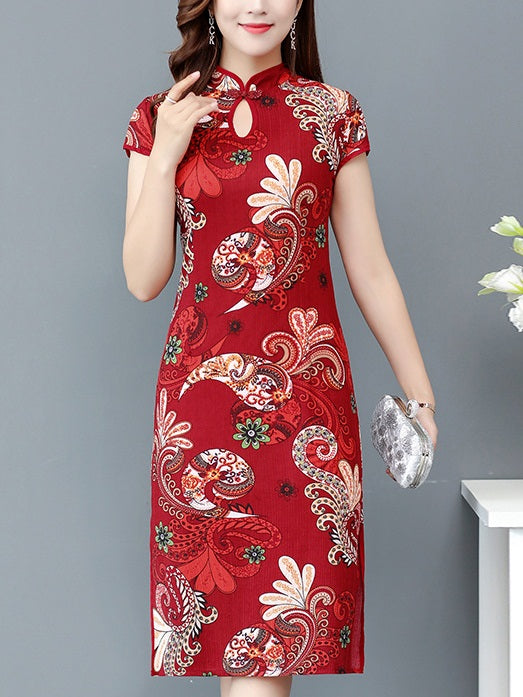 Talitha Plus Size Cheongsam Qipao Casual Work Office Chinese New Year Bohemian Print Short Sleeve Dress (Red, Green)