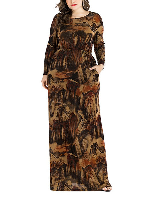 Weronika Plus Size Brown Sketch Long Sleeve Maxi Dress (Suitable For Muslim, Muslimah Wear) (EXTRA BIG SIZE)