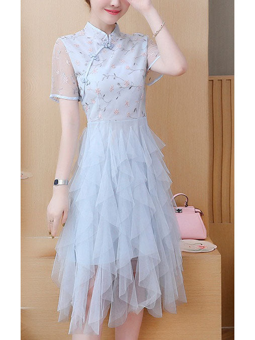 Trina  Plus Size Cheongsam Qipao Floral Embroidery Tulle Short Sleeve Midi Dress Gown (Suitable For Weddings, Chinese New Year, Red Carpet Events, Mother Of The Bride And Occasion Wear) (Pink, Blue)