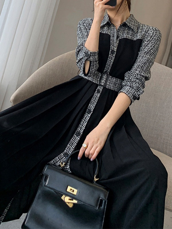 Leela Plus Size Pleated Chanel-Esque Long Sleeve Midi Shirt Dress