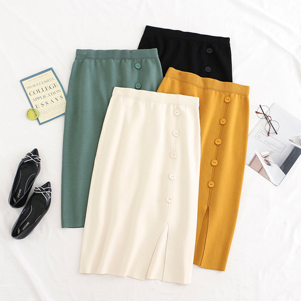 Vallie Plus Size Knitted Side Slit Skirt (Green, Cream, Yellow, Black)