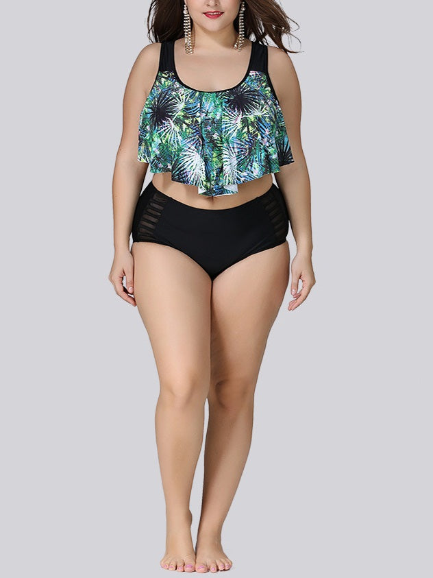 Sedona Abstract Print Bikini Top Frill Tank Sports Bra Look Upper and Bikini Mid Waist Underwear Bottom Swimsuit Two Piece Set (Black, Blue, Red)