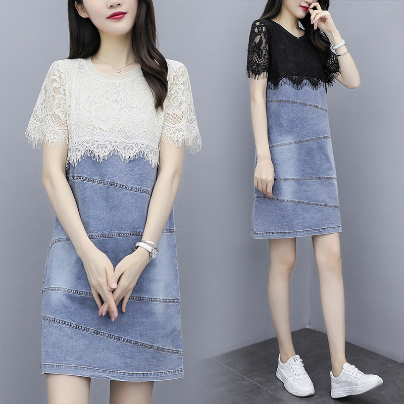 Kellina Plus Size Short Sleeve Lace Denim Layer Short Sleeve Dress