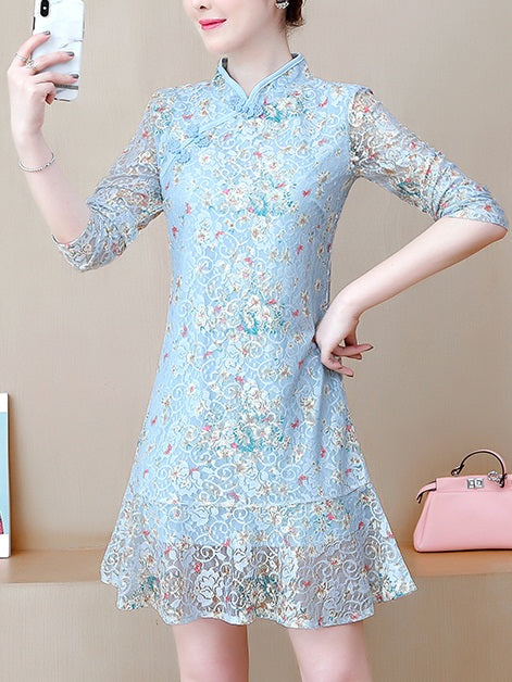 Thyra Plus Size Cheongsam Qipao Blue Lace Mermaid Hem Long Sleeve Dress