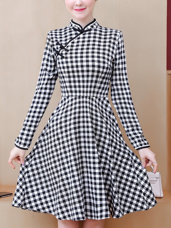 (Bust 90-115 CM) Toni Plus Size Gingham Checks Black and White Cheongsam Qipao Long Sleeve Dress