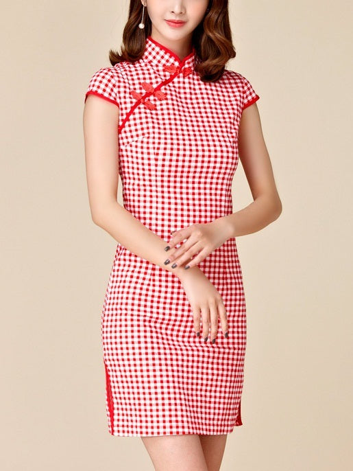 (M-3XL) Kalliope Gingham Red Plus Size Cheongsam Qipao Dress