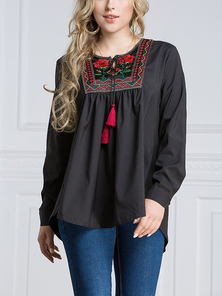 (M-7XL) Gamila Embroidery Tassel Tie L/s Blouse