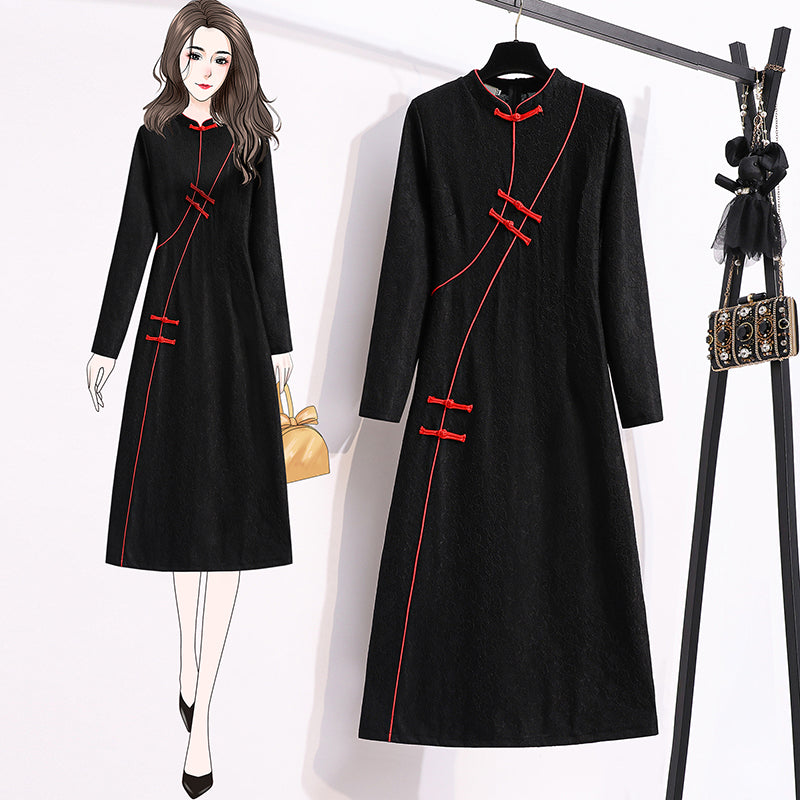 Plus Size Lace Cheongsam Black Long Sleeve Dress