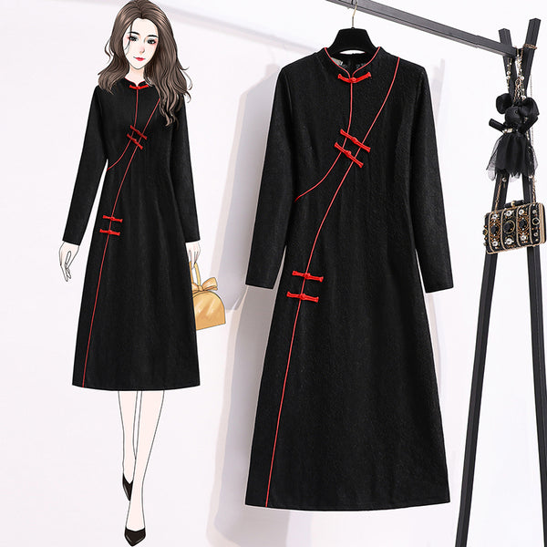 Plus Size Lace Cheongsam Black Long Sleeve Dress