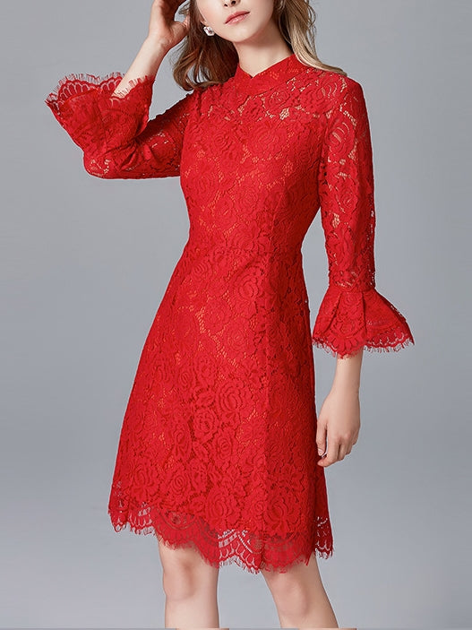 Plus Size Cheongsam Qipao Eyelash Red Lace Mid Sleeve Dress (Suitable For Weddings, Office, Formal Occasion And Chinese New Year)