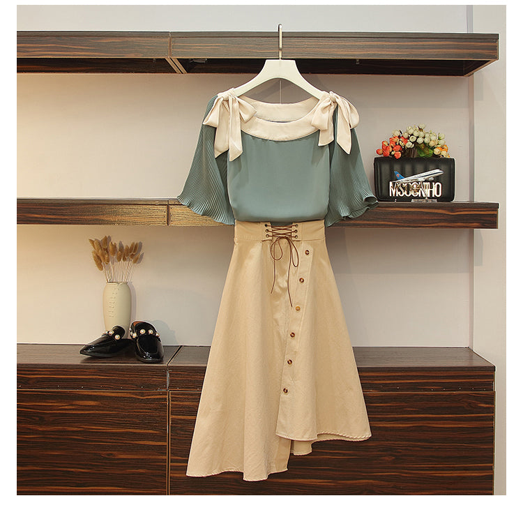 Zakya Plus Size Ribbon Green Short Sleeve Blouse And Lace Up Corset Tie Asymmetric Midi Skirt