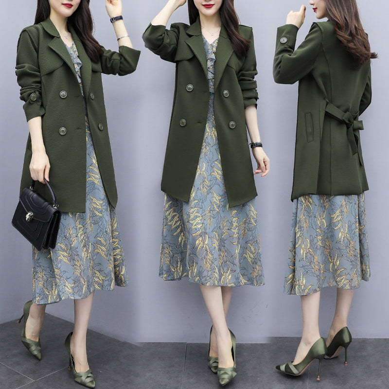 Kelly Plus Size Trench Coat And Long Sleeve Midi Dress Set