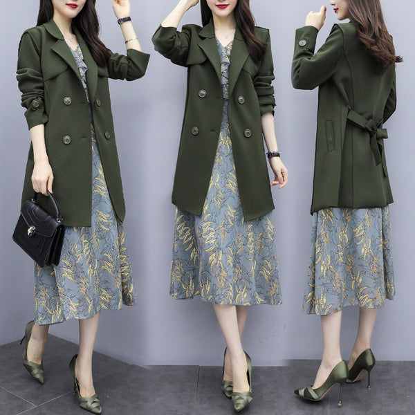 Kelly Plus Size Trench Coat And Long Sleeve Midi Dress Set