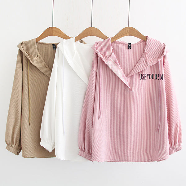 Yriana Plus Size Stripes Hoodie Long Sleeve Blouse (Pink, Khaki, White)