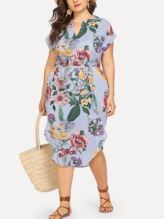 Tasanee Plus Size V Neck Waist Tie Curved Side Dress (Suitable For Chinese New Year) (EXTRA BIG SIZE) (Blue Stripe Floral, Vertical Aztec Print)