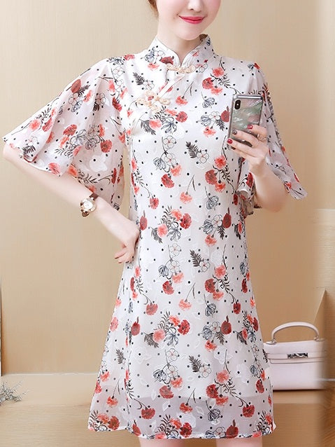 Thyrra Plus Size Cheongsam Qipao Beige Flutter Sleeve Floral And Polka Dots Print Short Sleeve Dress