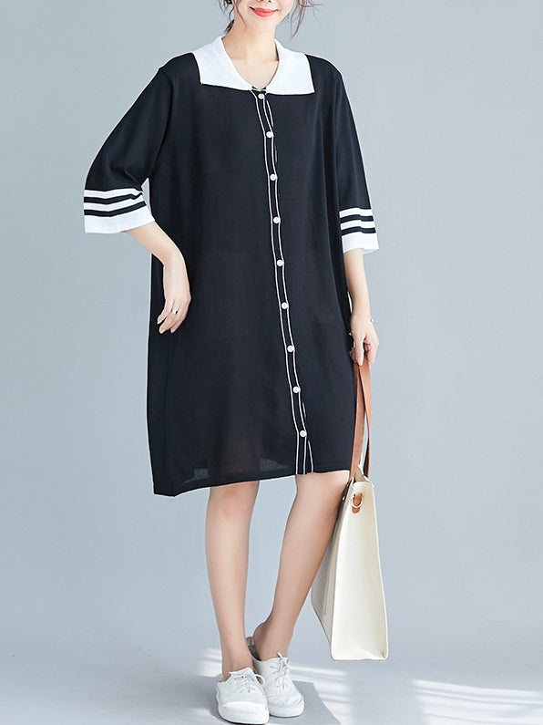 Rozella Knit Mid Sleeve Shirt Dress (EXTRA BIG SIZE) (Blue, Black)