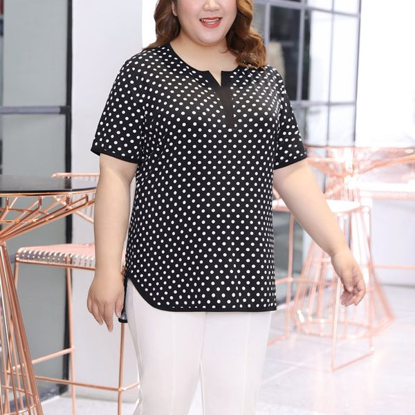 Plus Size Polka Dots V Neck Short Sleeve Blouse (EXTRA BIG SIZE)