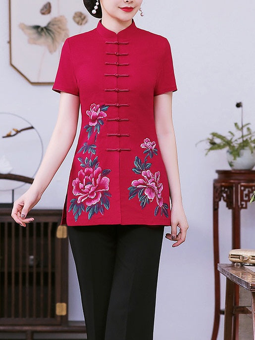 Taylin Plus Size Cheongsam Qipao Hand Drawn Red Floral Print Short Sleeve Blouse (Suitable For Chinese New Year, Office, Weddings, Office, Dinners, Company Function) (Red) / Plus Size Black Wide Leg Culottes Pants