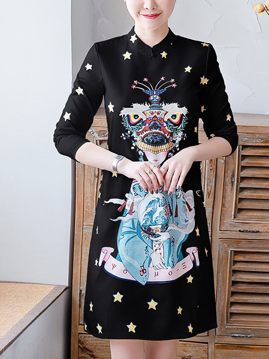 Taliyah Plus Size Cheongsam Qipao Casual Work Office Chinese New Year Geisha and Stars Printed Long Sleeve Dress (White, Red)