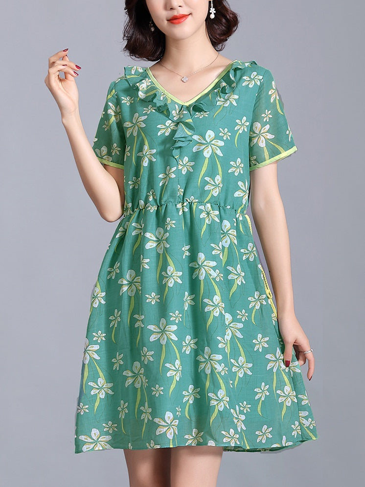 Rocío Green Floral Yellow Side Tie S/S Dress