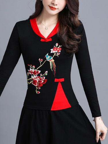 Tilly Plus Size Cheongsam Qipao Top - Bird And Floral Embroidery Chinese Long Sleeve Top (Black) (Suitable For Chinese New Year)