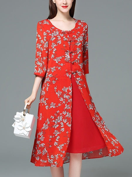 Janaye Mother of the Bride Red Cheongsam Oriental Floral Print Wedding Midi Dress