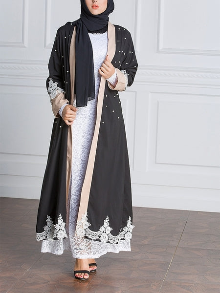 (S-5XL) Gazala Colourblock Lace Pearl Plus Size Hijab Muslim Maxi Jacket (EXTRA BIG SIZE)
