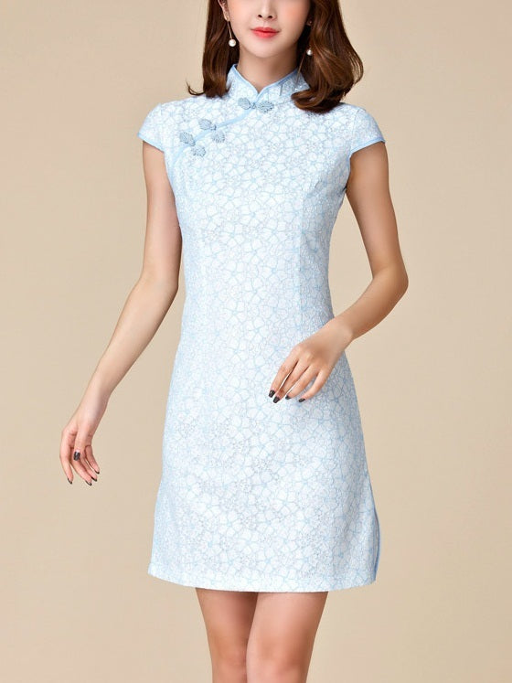 (M-3XL) Kalliopi Pastel Blue Lace Plus Size Cheongsam ShortQipao Dress