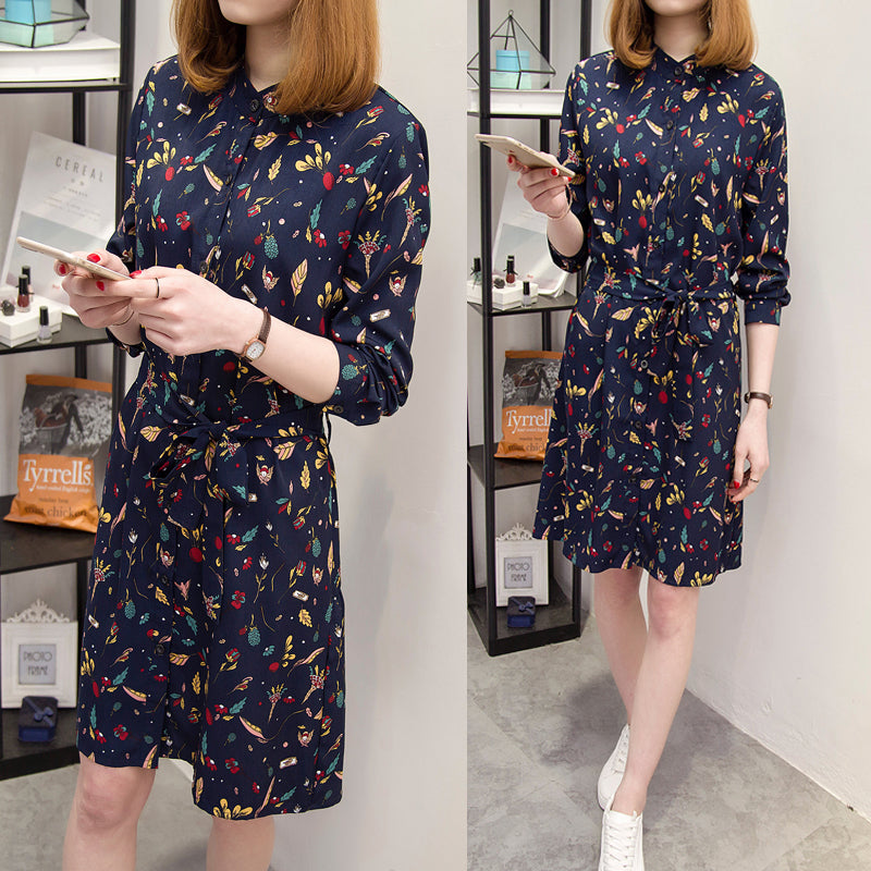 Plus size blue floral long sleeve shirt dress