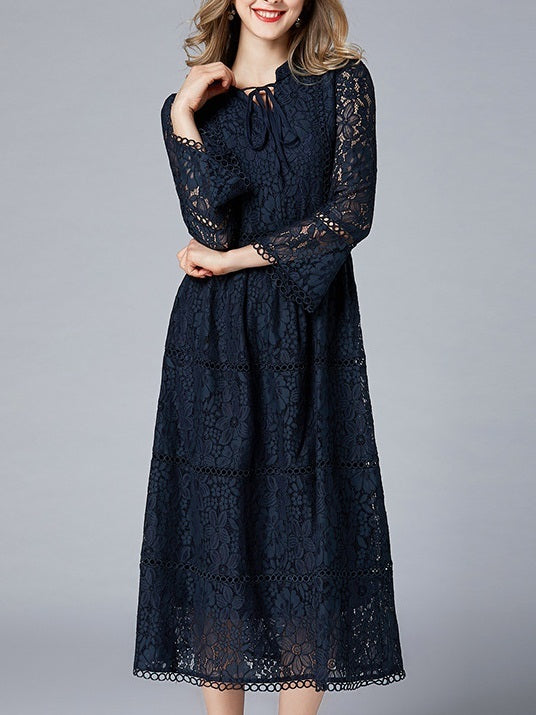 Michaella Navy Lace Plus Size Formal Wedding Occasion Mid Sleeve Midi Dress