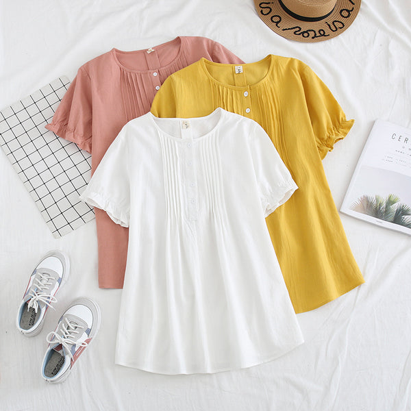 Plus Size Buttons Pleated Short Sleeve Blouse