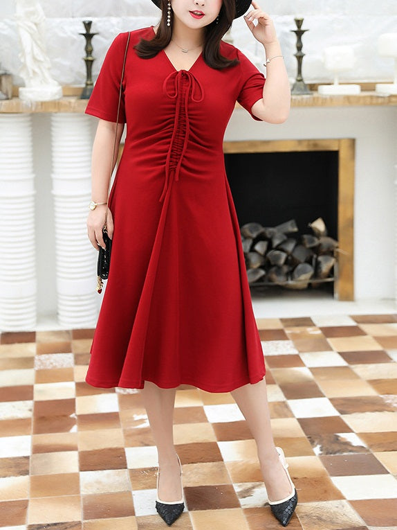 Tasha Plus Size V Neck Scrunched Short Sleeve Dress (Suitable For Chinese New Year) (EXTRA BIG SIZE) (Red, Black)