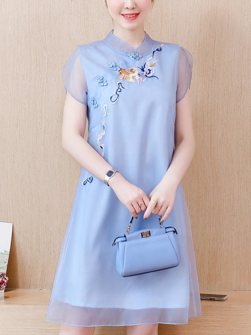 Tia Plus Size Cheongsam Qipao Goldfish Embroidery Organza Short Sleeve Dress (Blue, Pink)