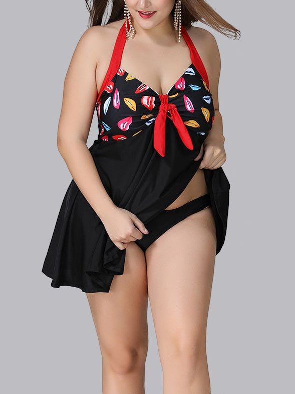 Seema Lips Print Pinup Sweetheart Neckline Halter Neck Tankini Top and Underwear Bottom Swimsuit Two Piece Set