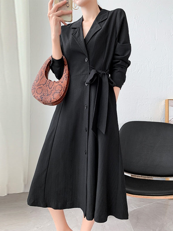 Kaydra Plus Size Korean Trench Coat Long Sleeve Midi Shirt Dress
