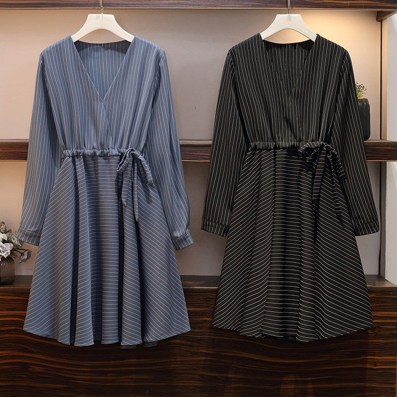 Sherrienna Stripes Wrap V Neckline Waist Tie L/S Dress (Blue, Black)