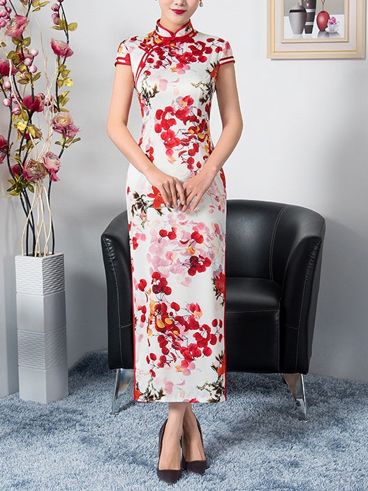 Taylor Plus Size Cheongsam Qipao White Floral High Slit Short Sleeve Maxi Dress Gown (Suitable For Chinese New Year, Weddings, Evening Wear, Red Carpet, Company Function)