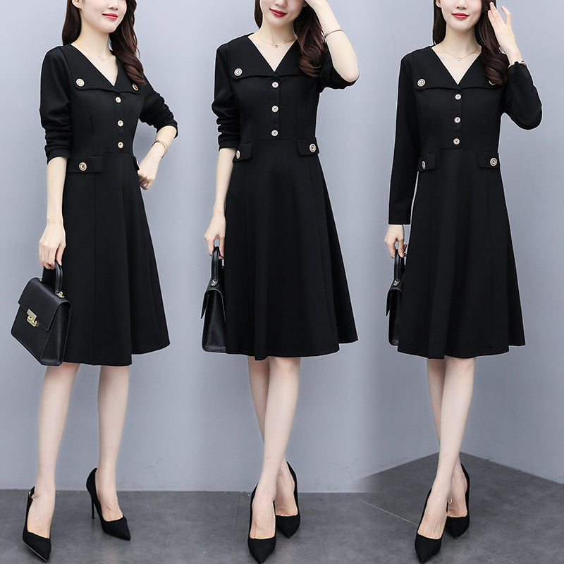 Kera Plus Size Buttons Work V Neck Long Sleeve Dress