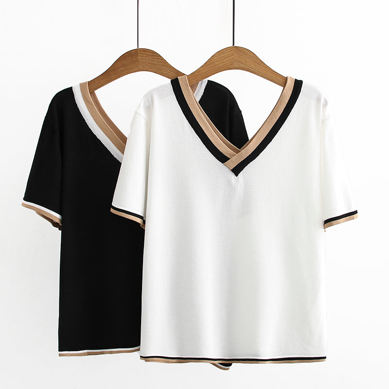 Katalina Plus Size Knit Stripes V Neck Short Sleeve T Shirt Top